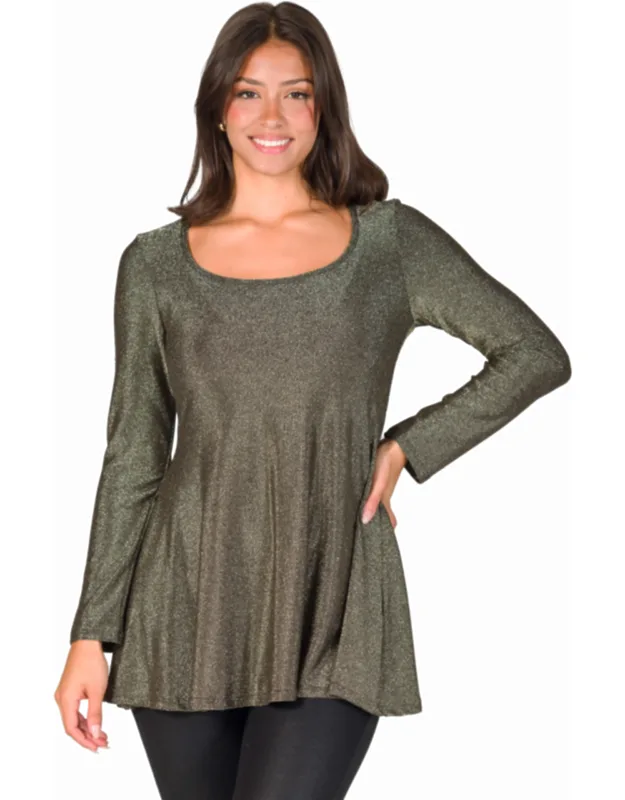 Scoop Neck Long Sleeve Shimmery Fabric Tunic Top