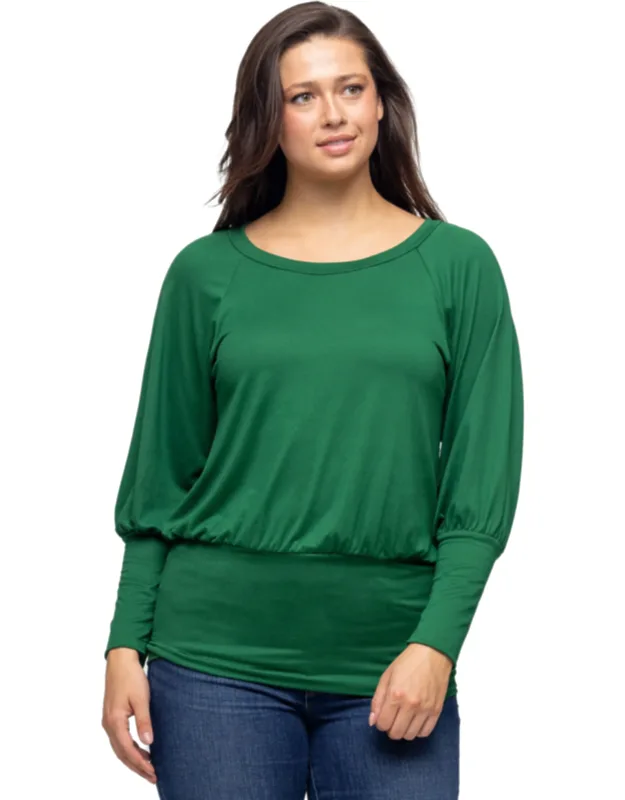 Round Neck Long Blouson Sleeve Banded Bottom Top