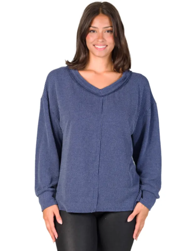 Relaxed Fit Ribbed Knit V Neck Sweater Top