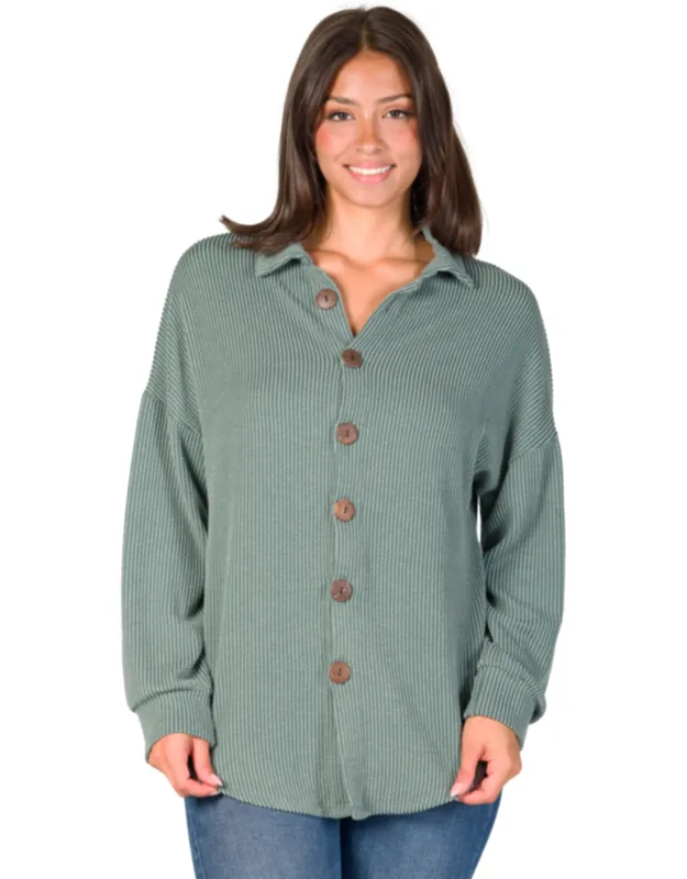Ribbed Button Up Long Sleeve Collared Shirt Jacket