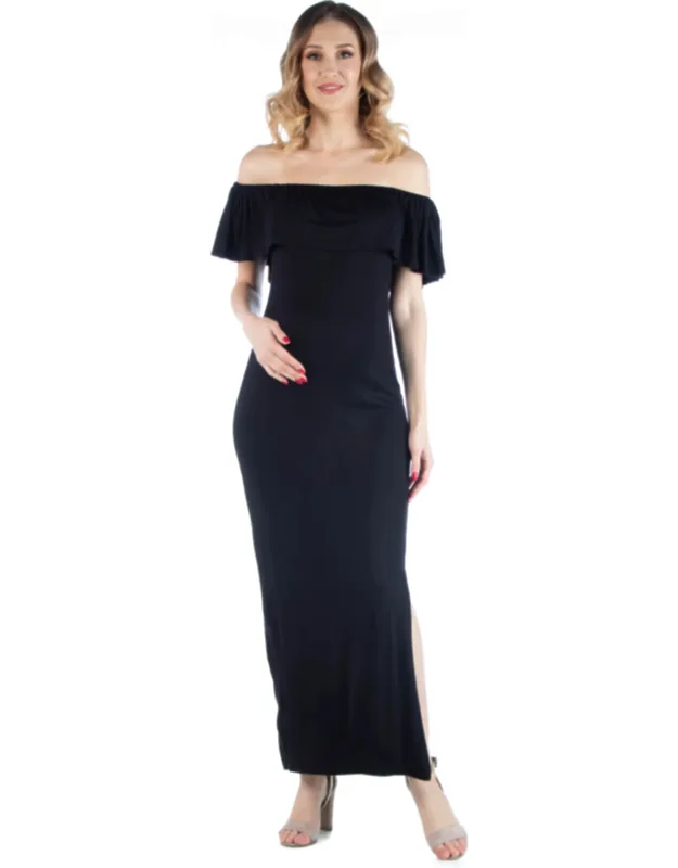 Maternity Off Shoulder Ruffle Detail Side Slit Maxi Dress