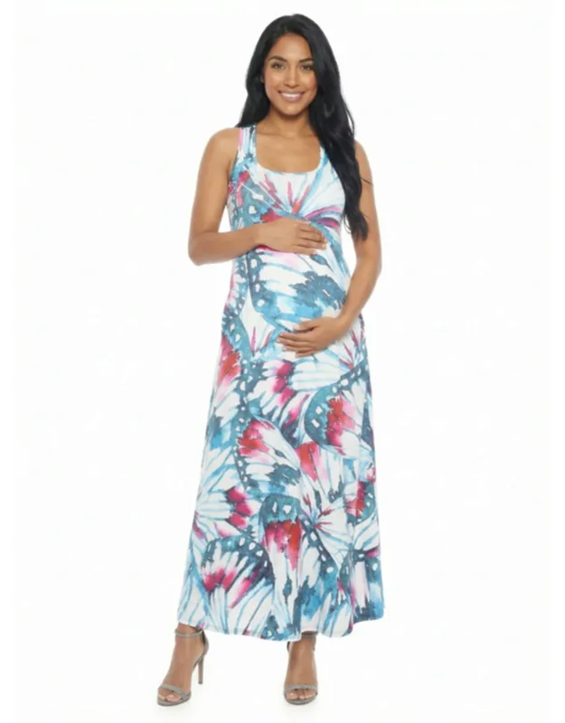 Maternity Butterfly Sleeveless Scoop Neck A Line Pocket Maxi Dress