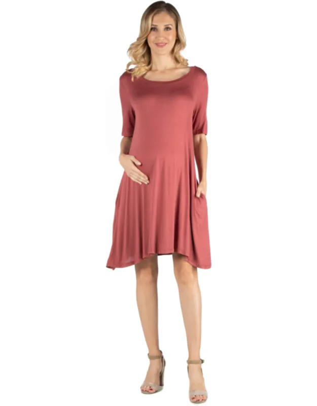 Maternity Round Neck Elbow Sleeve Flared T-shirt Pocket Dress