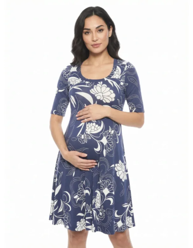 Maternity Floral Scoop Neck Elbow Sleeve Knee Length Skater Dress