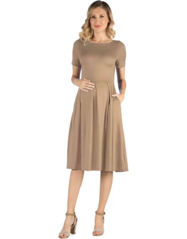 Maternity Boat Neck Short Sleeve Pleated Pocket Midi Dress