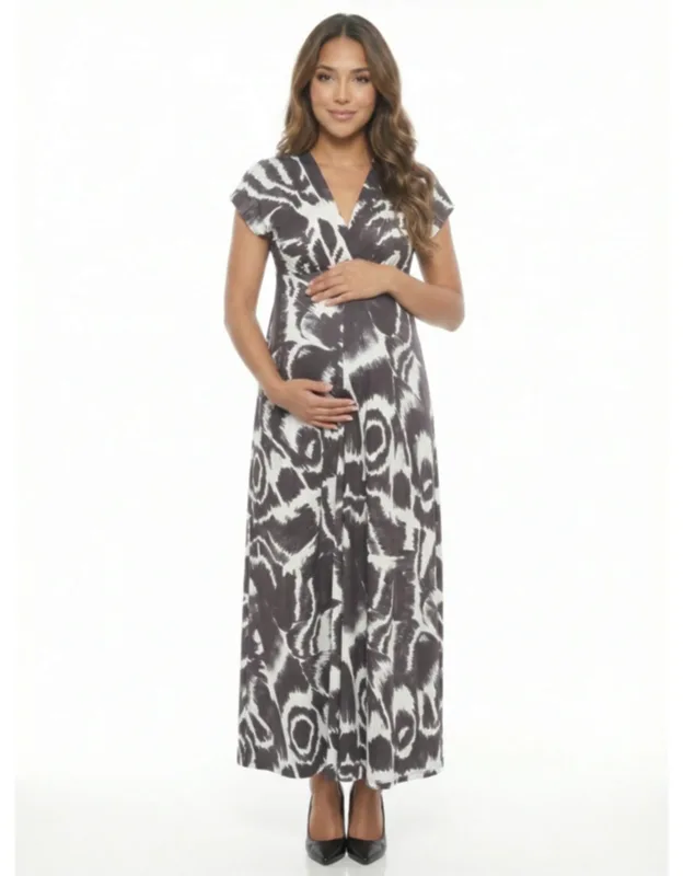 Maternity Abstract V Neck Empire Waist Cap Sleeve Maxi Dress
