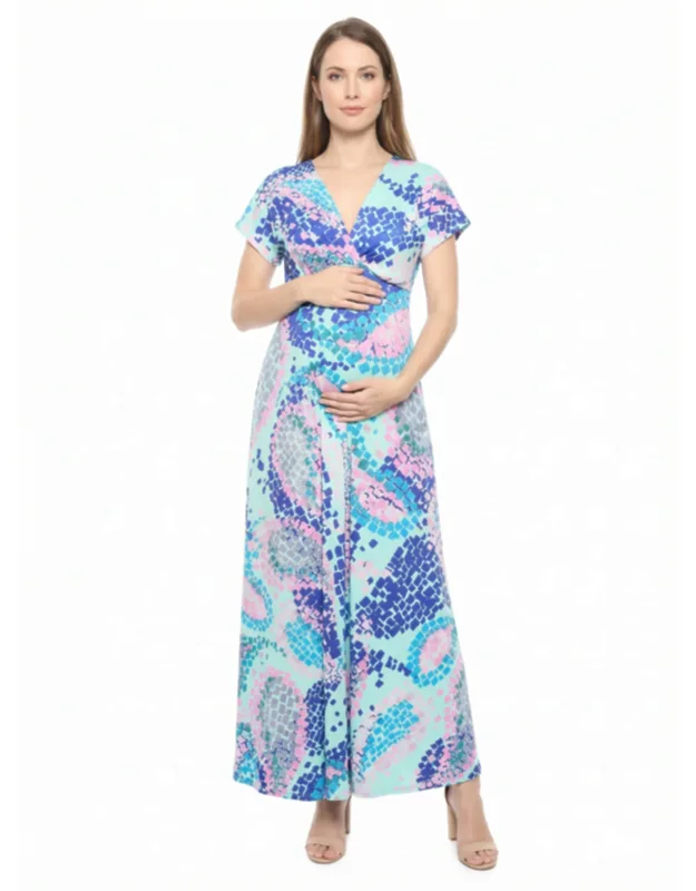 Maternity Abstract V Neck Empire Waist Cap Sleeve Maxi Dress
