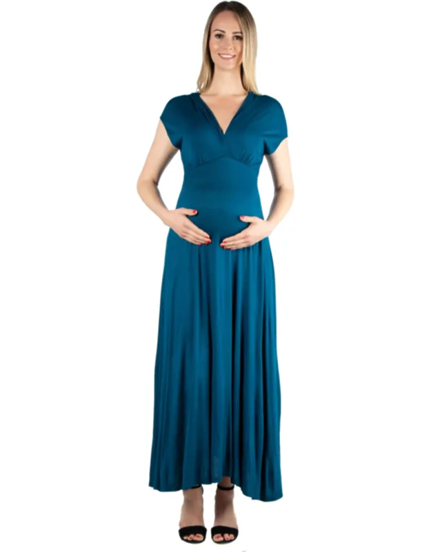 Maternity Cap Sleeve V Neck Empire Waist A Line Maxi Dress