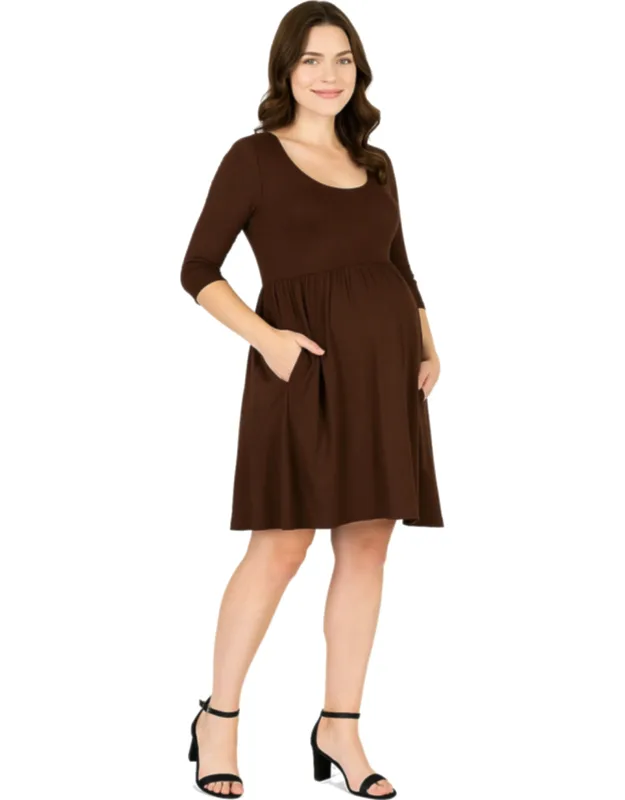 Maternity Scoop Neck Three Quarter Sleeve Pleated Fit N Flare Pocket Mini Dress
