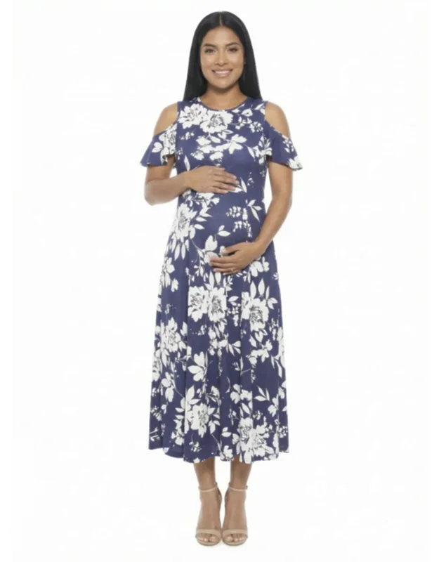 Maternity Floral Ruffle Sleeve Cold Shoulder A Line Maxi Dress