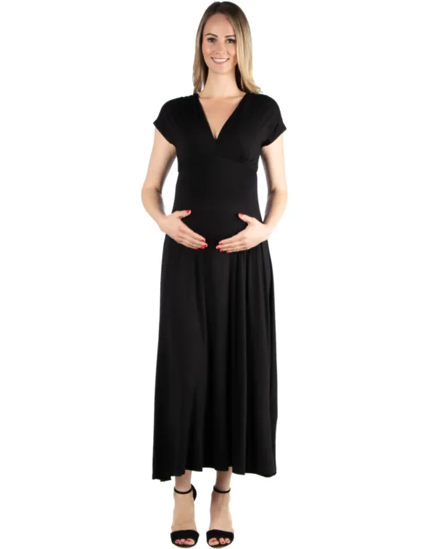Maternity Cap Sleeve V Neck Empire Waist A Line Maxi Dress
