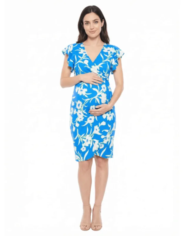 Maternity Floral Flutter Sleeve Faux Wrap Knee Length Dress