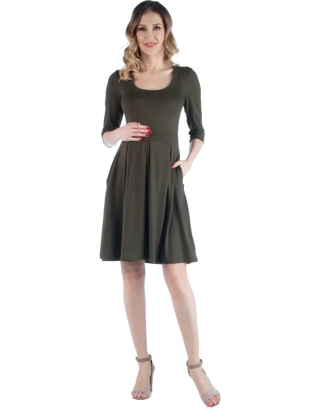 Maternity Scoop Neck Three Quarter Sleeve Pleated Fit N Flare Pocket Mini Dress