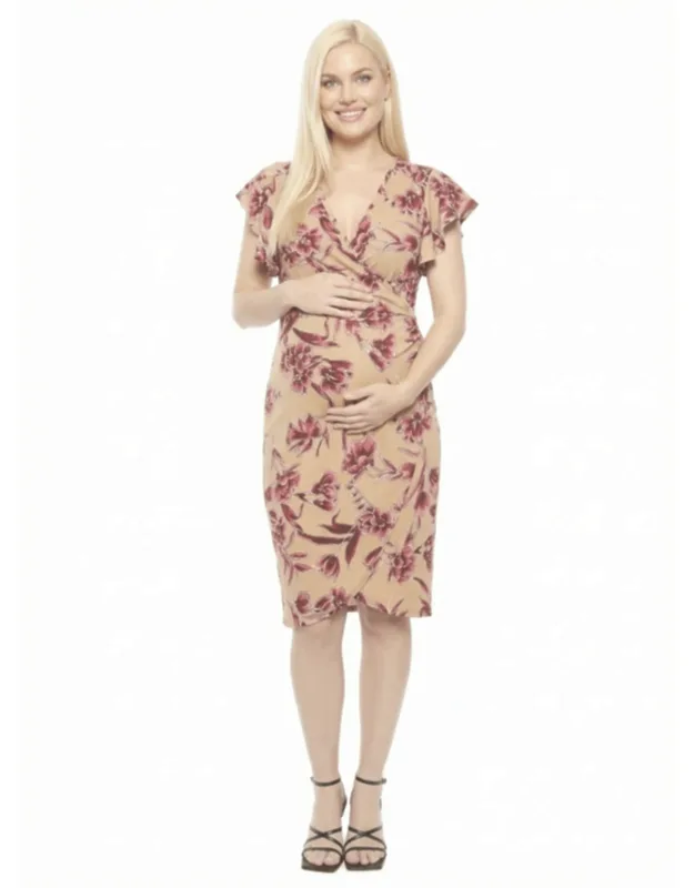 Maternity Floral Flutter Sleeve Faux Wrap Knee Length Dress
