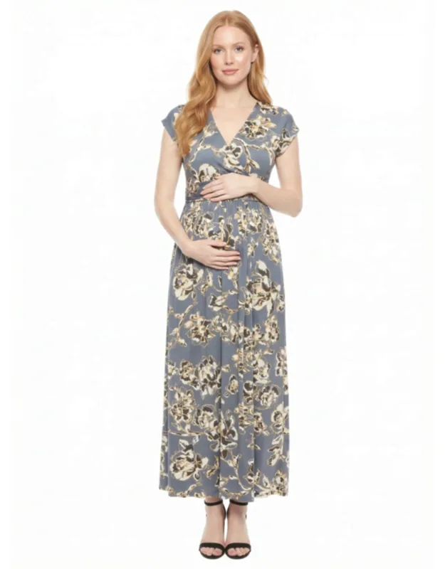Maternity Floral V Neck Cap Sleeve Side Slit Pocket Maxi Dress