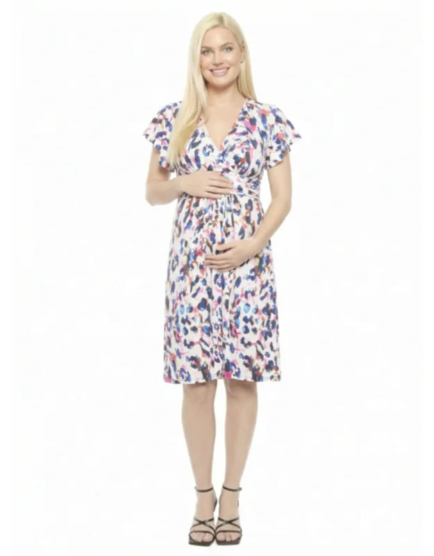 Maternity Abstract V Neck Cap Sleeve Knee Length A Line Pocket Dress