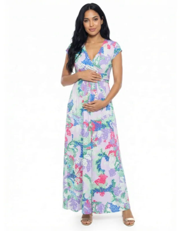 Maternity Abstract V Neck Cap Sleeve Side Slit Pocket A Line Maxi Dress