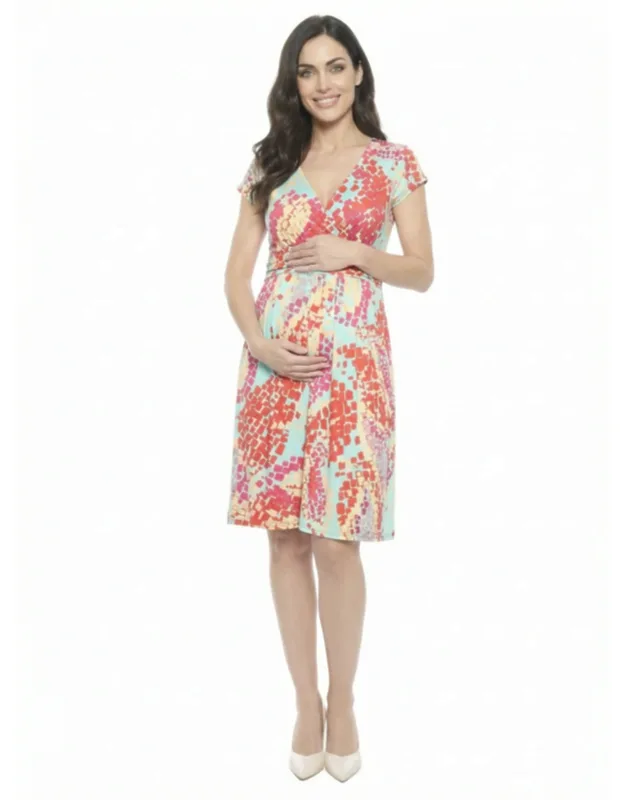 Maternity Mosaic V Neck Cap Sleeve Knee Length A Line Pocket Dress