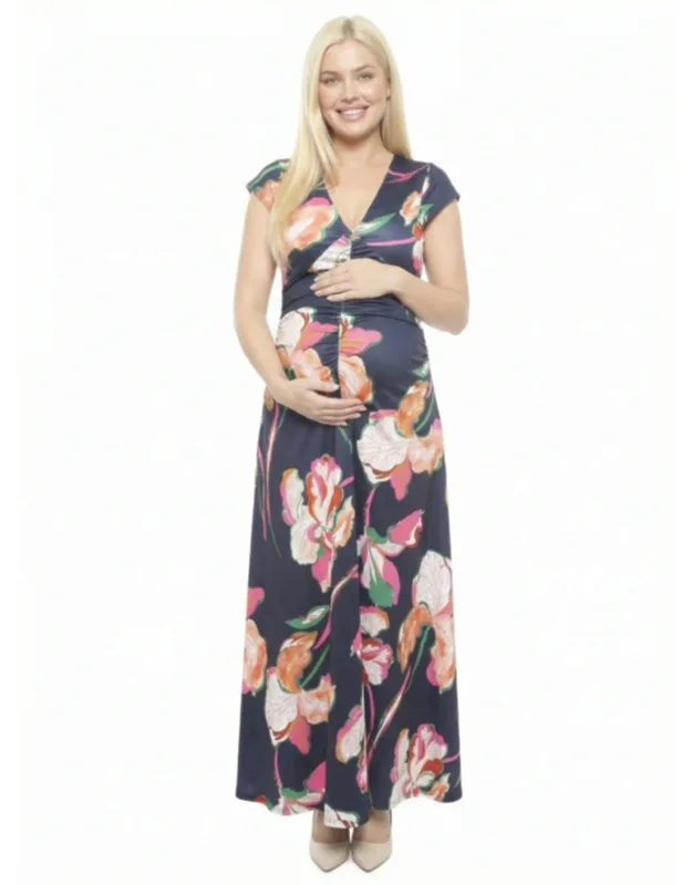 Maternity Floral V Neck Cap Sleeve Ruched Front Maxi Dress