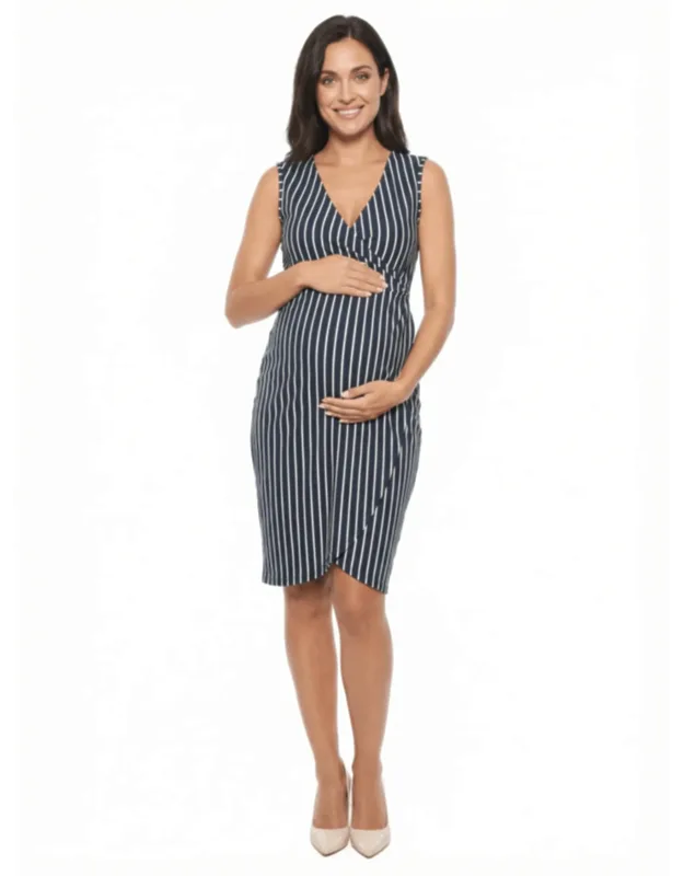 Maternity Striped V Neck Sleeveless Faux Wrap Tulip Hem Midi Dress