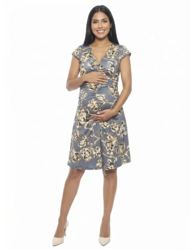 Maternity Floral V Neck Cap Sleeve Ruched Front Knee Length Dress