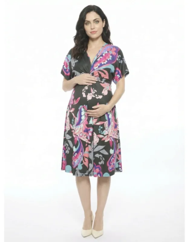 Maternity Paisley V Neck Short Dolman Sleeve Twist Front A Line Midi Dress