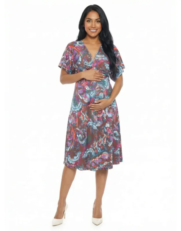 Maternity Abstract V Neck Dolman Sleeve Twist Front A Line Midi Dress