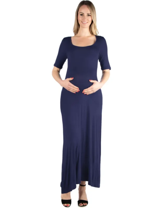 Maternity Scoop Neck Elbow Sleeve A Line Maxi Dress
