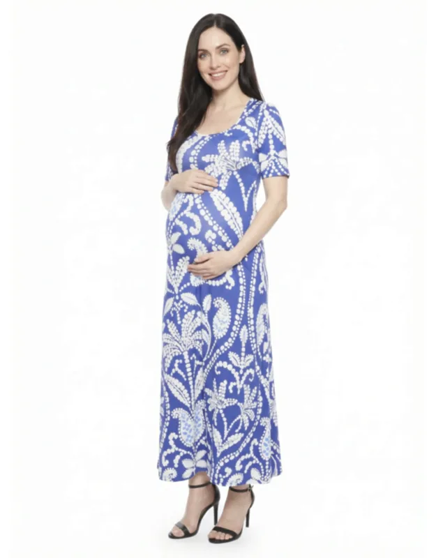 Maternity Floral Scoop Neck Elbow Sleeve A Line Maxi Dress