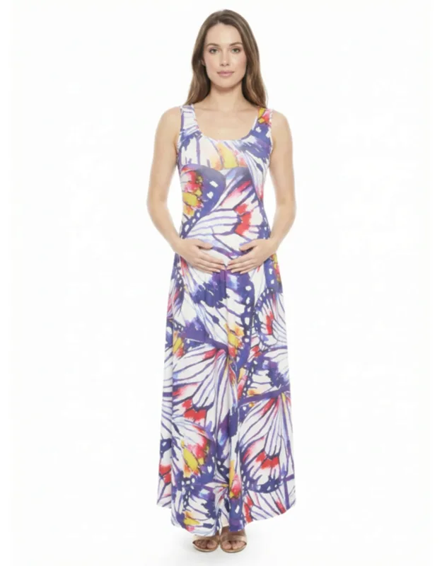 Maternity Butterfly Scoop Neck Sleeveless A Line Maxi Dress