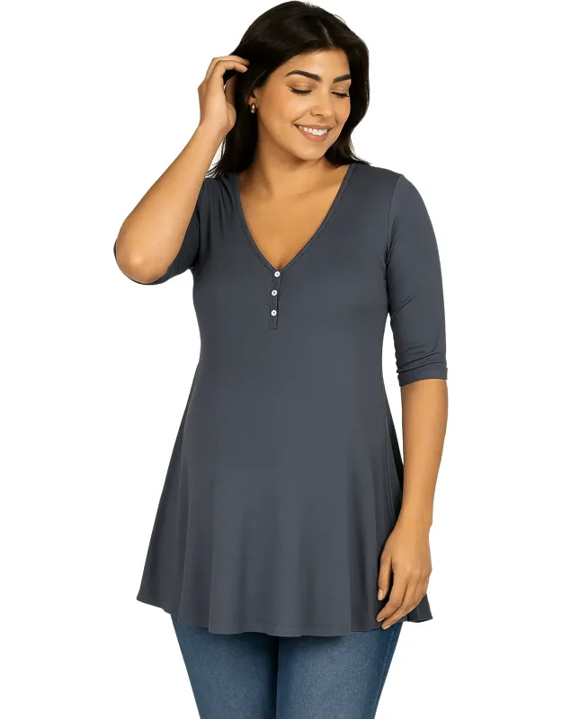 Maternity V Neck Elbow Sleeve Flared Henley Style Tunic Top