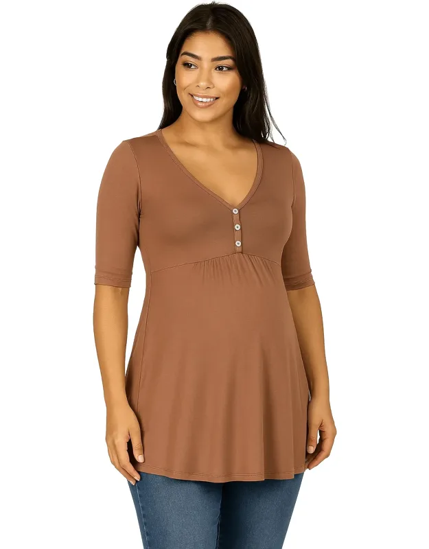 Maternity V Neck Elbow Sleeve Flared Henley Style Tunic Top