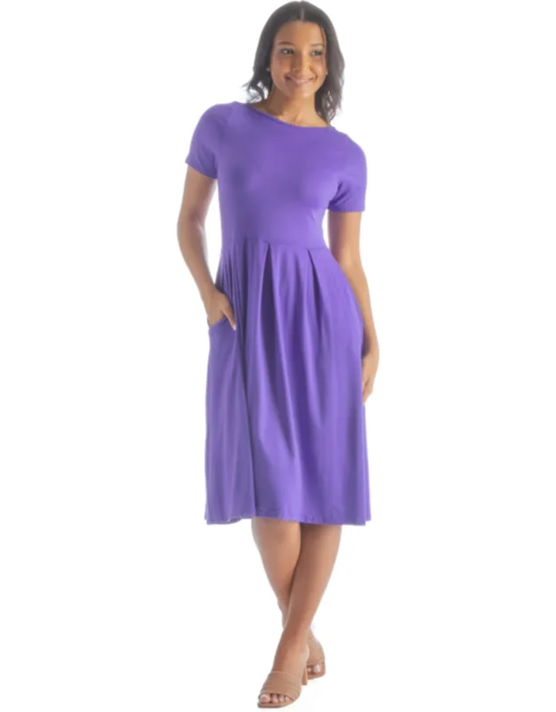 Short Sleeve Boat Neck Pleated Flared Pocket Midi Dress