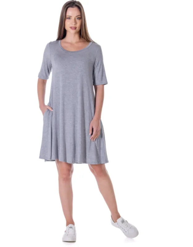 Round Neck Knee Length Soft Flare T Shirt Pocket Dress