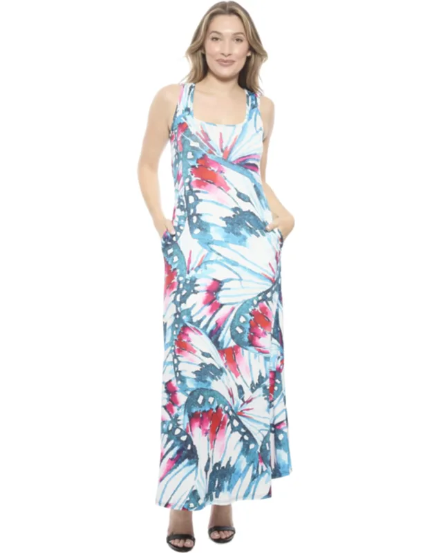 Butterfly Sleeveless Scoop Neck A Line Pocket Maxi Dress