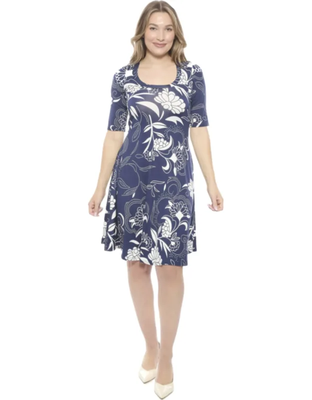 Floral Scoop Neck Elbow Sleeve Knee Length Skater Dress