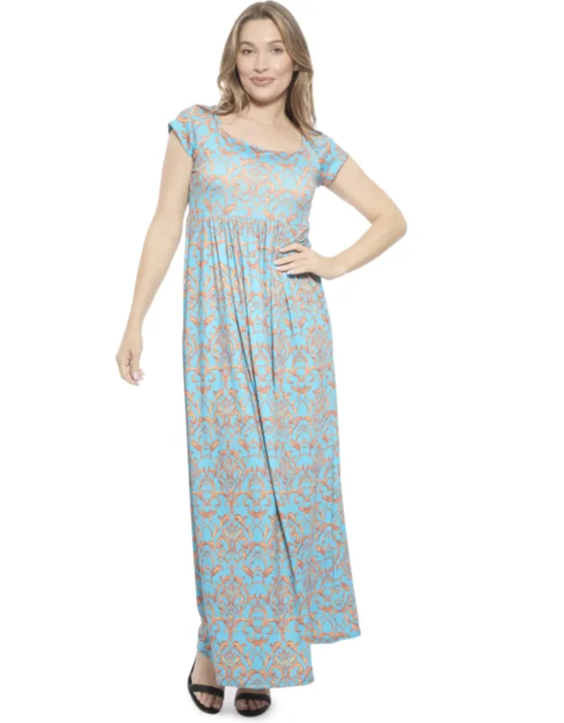 Abstract Square Neck Cap Sleeve Pleated A Line Maxi Dress