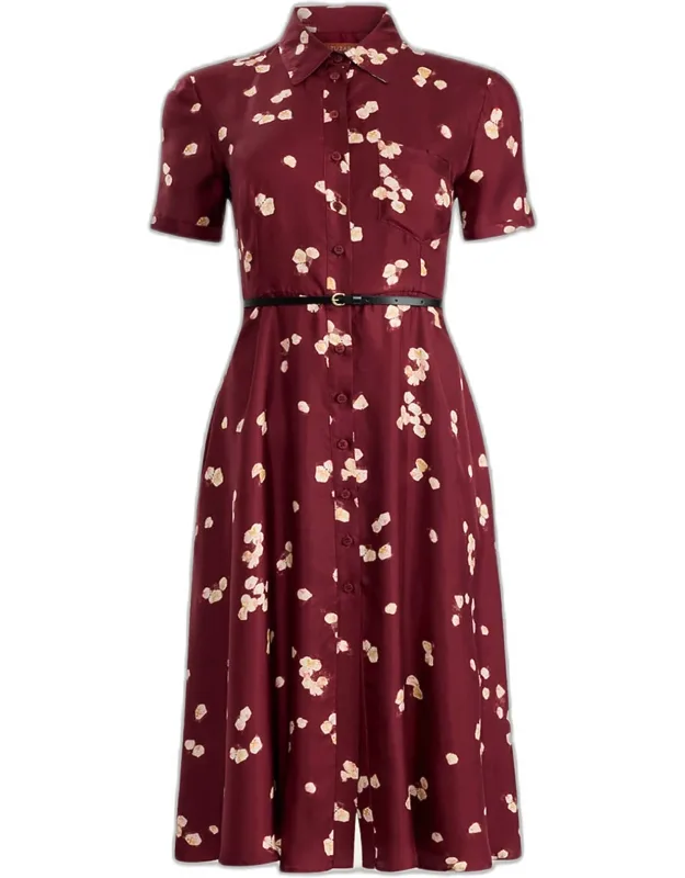 Floral Silk Short-sleeve Midi Shirtdress With Belt