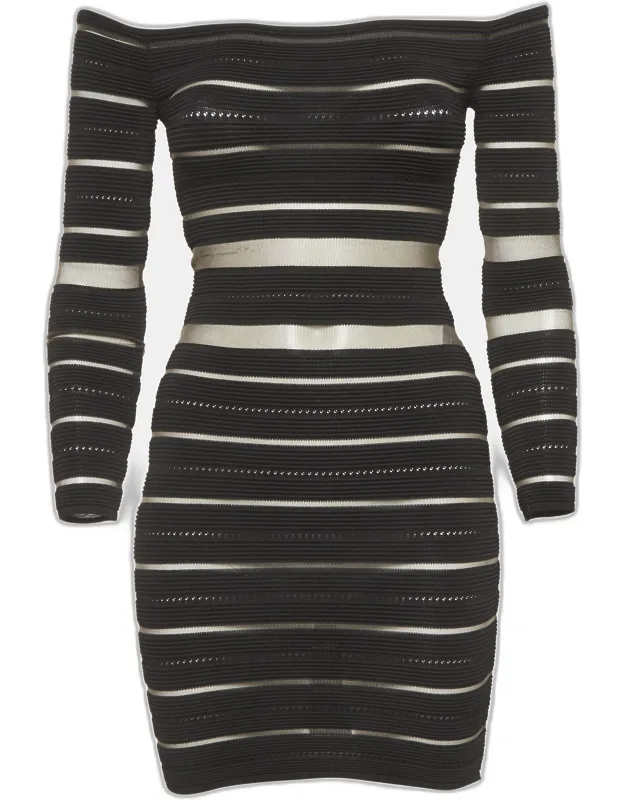 Striped Sheer Tulle And Knit Off-shoulder Mini Dress