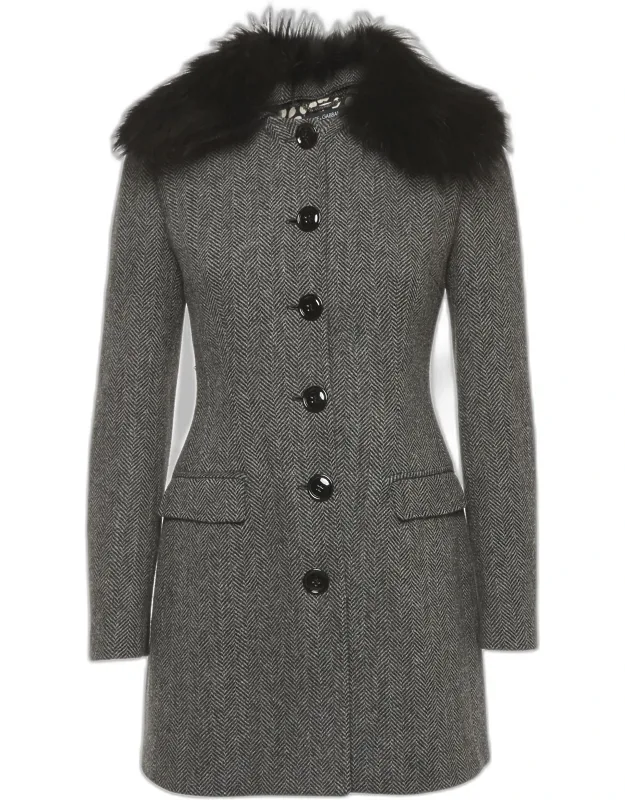 Herringbone Wool Fur Collar Coat