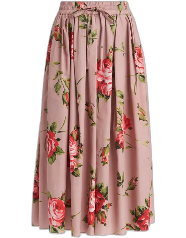 Rose-print Cotton Circle Midi Skirt