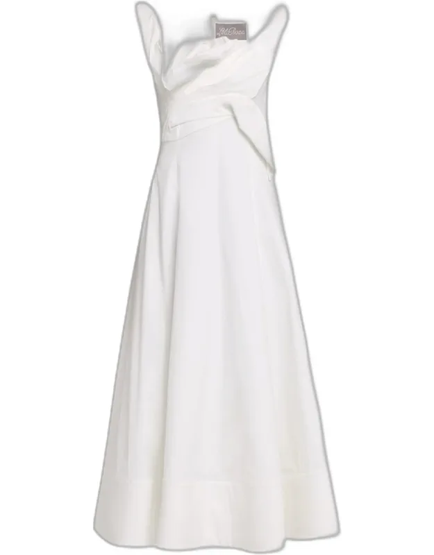 Draped Cotton Poplin Sleeveless Midi Dress