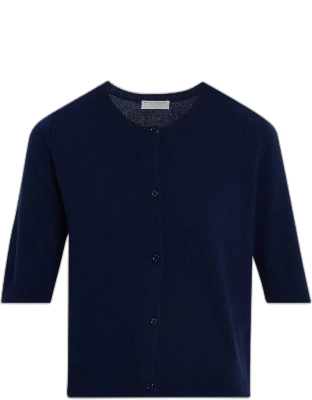 Cashmere 3/4-sleeve Crewneck Cardigan