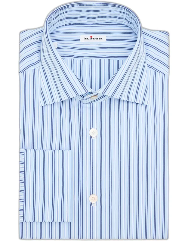 Varigated Stripe Cotton Dress Shirt With Mother-of-pearl Buttons