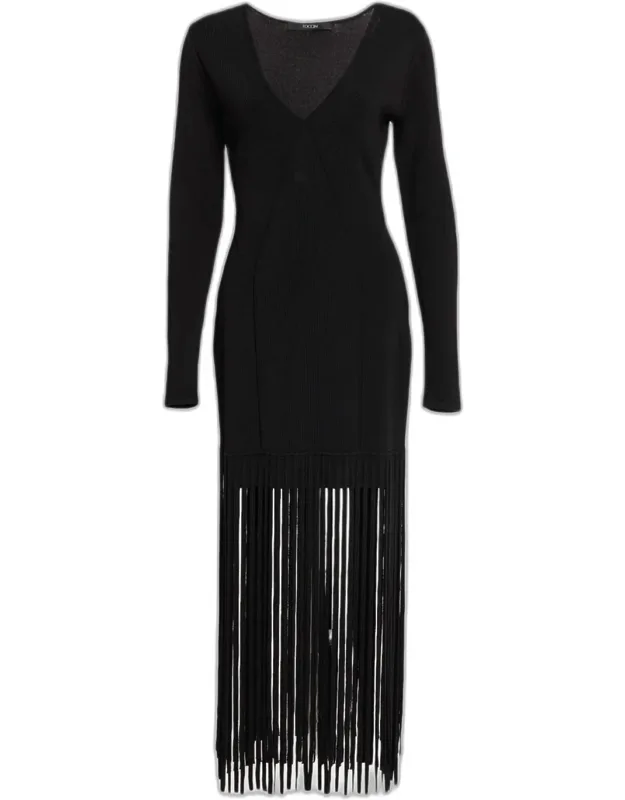Evelina Long-sleeve Fringe Dress