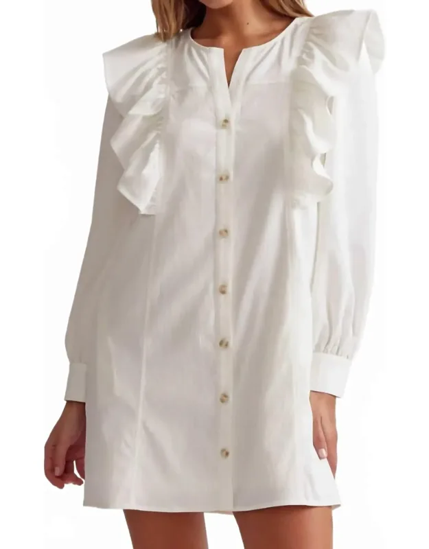 Ruffle Shoulder Button Up Mini Dress