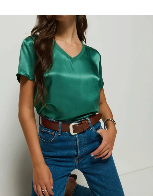 June V-neck Tee - Ribbed Design, Hammered Silk Blend
