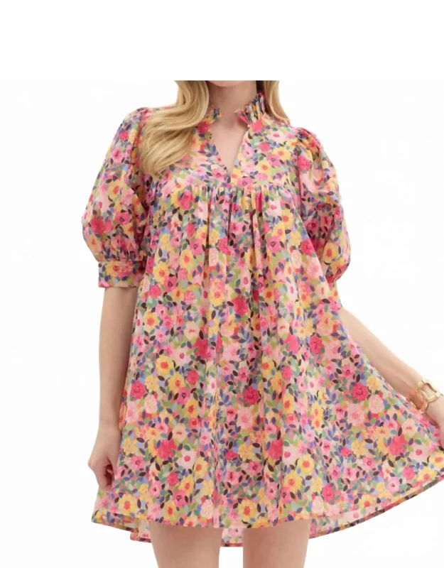 Floral Print Ruffle V-neck Mini Dress