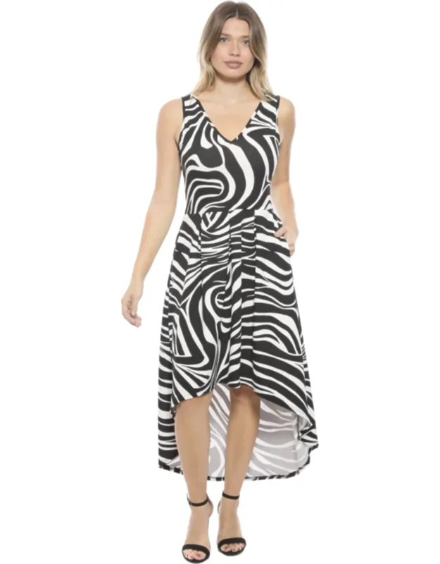 Zebra Sleeveless Fit And Flare High Low Pocket Midi Dress