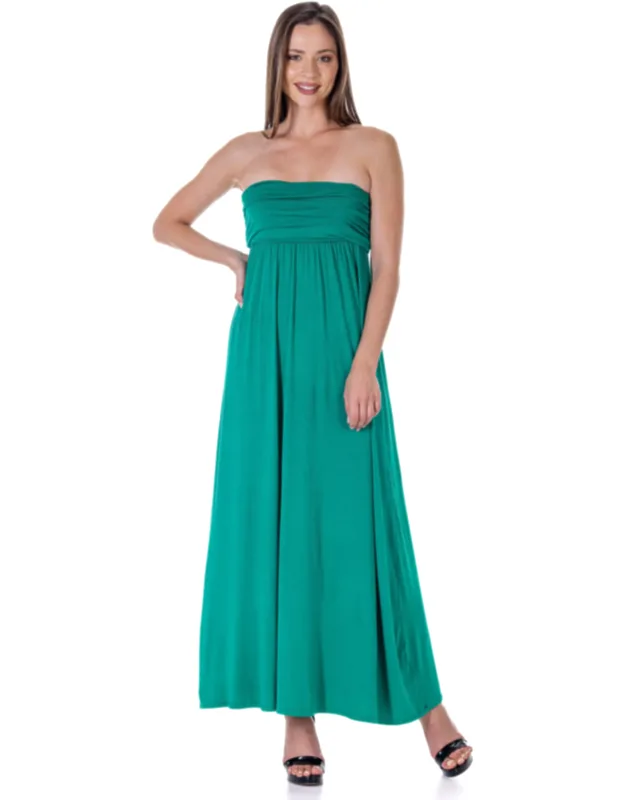 Strapless Tube Empire Ruched Waist Flowy Maxi Dress